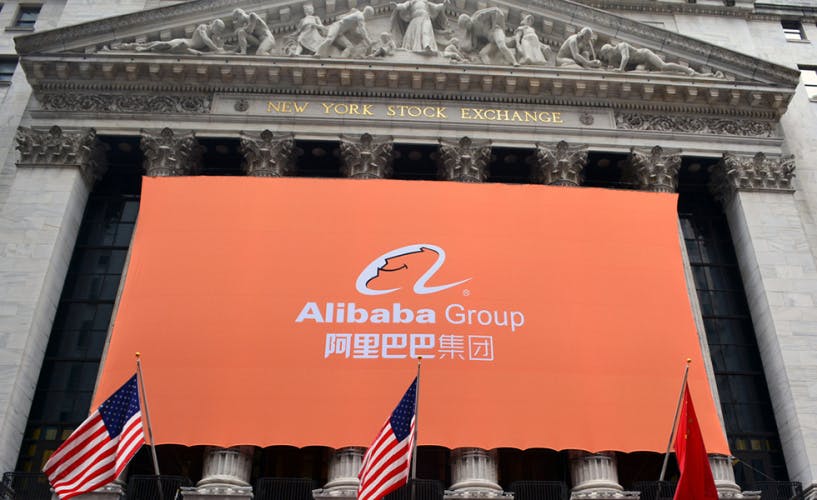Asia business Alibaba poster hanging on the New York Stock Exchange building