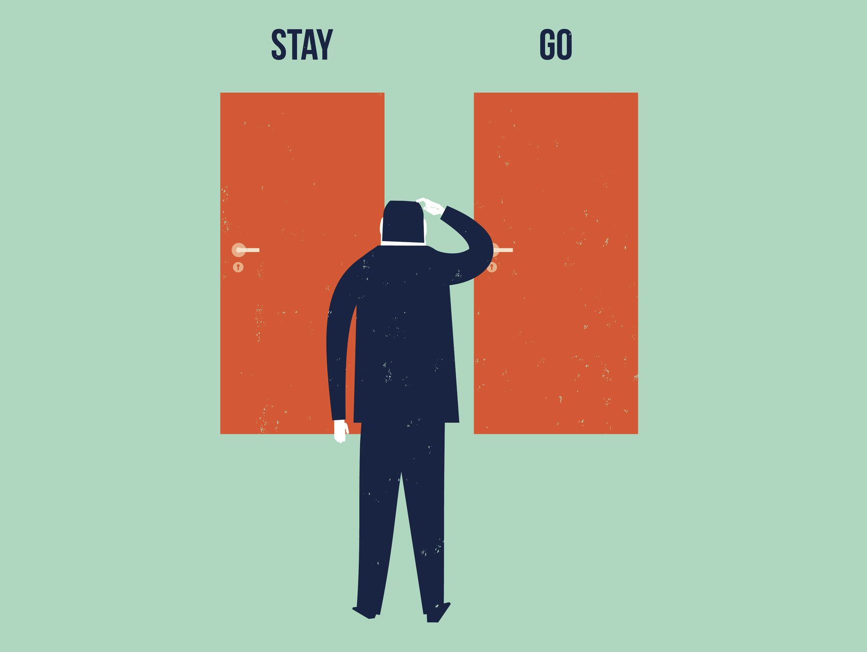 Picture showing man facing two doors, one saying stay, the other go, to illustrate article on whether you should quit law and consider a career change