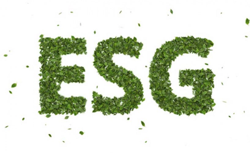 Abstract 3D render leaves forming ESG text symbol on white background