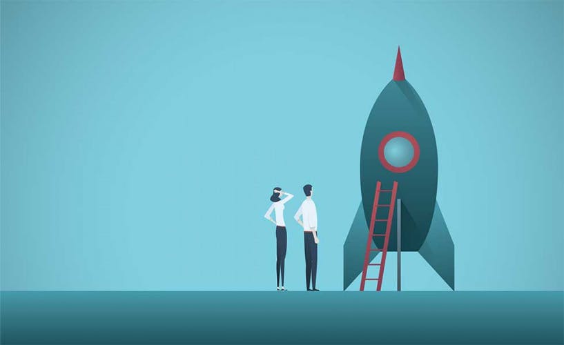 Business startup vector concept with business woman and man standing next to a rocket.