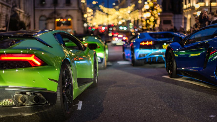 super cars on the streets of London during the Christmas period